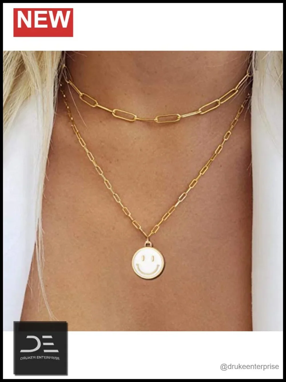 Smile Pendant Necklace Paperclip Chain Cute Round Pendant Preppy Jewelry for
